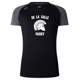 The De La Salle Women's Elite Training Tee by Canterbury, designed with lightweight recycled polyester, showcases "De La Salle Rugby" and a Spartan helmet graphic on the front. It’s enhanced with Vapodri technology for top-tier athletic performance.