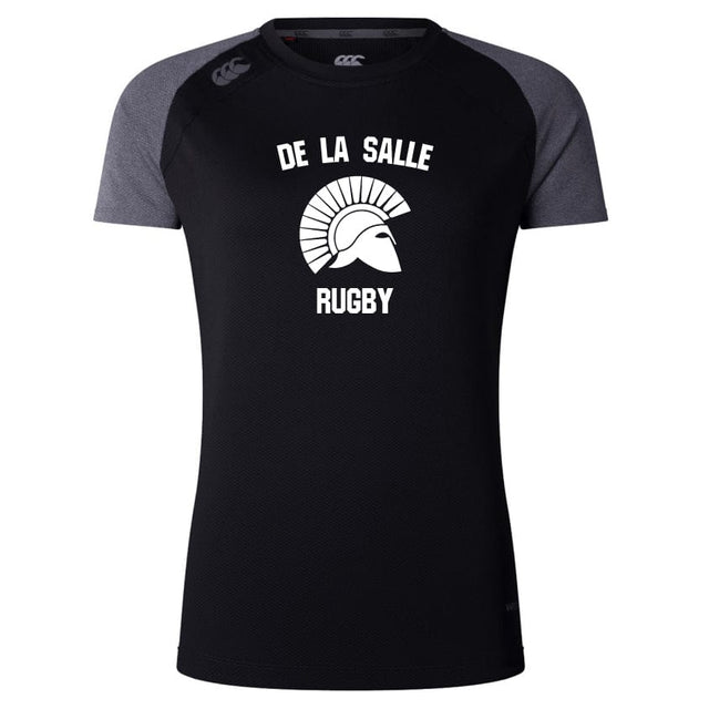 The De La Salle Women's Elite Training Tee by Canterbury, designed with lightweight recycled polyester, showcases "De La Salle Rugby" and a Spartan helmet graphic on the front. It’s enhanced with Vapodri technology for top-tier athletic performance.