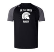 The WRS Canterbury De La Salle Elite Training Tee features a "De La Salle Rugby" print and helmet logo on the front, available in black and gray, and crafted with Vapodri fabrics for enhanced comfort.