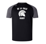 The WRS Canterbury De La Salle Elite Training Tee features a "De La Salle Rugby" print and helmet logo on the front, available in black and gray, and crafted with Vapodri fabrics for enhanced comfort.