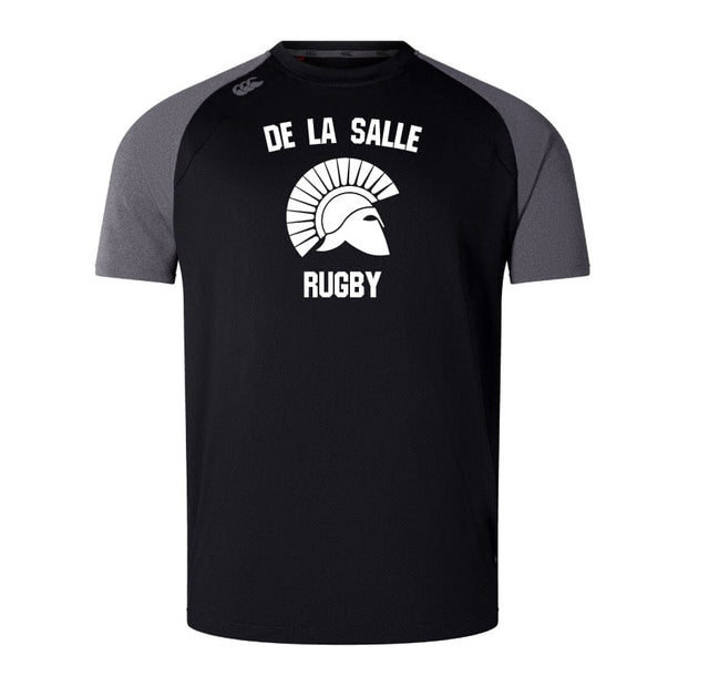 The WRS Canterbury De La Salle Elite Training Tee features a "De La Salle Rugby" print and helmet logo on the front, available in black and gray, and crafted with Vapodri fabrics for enhanced comfort.