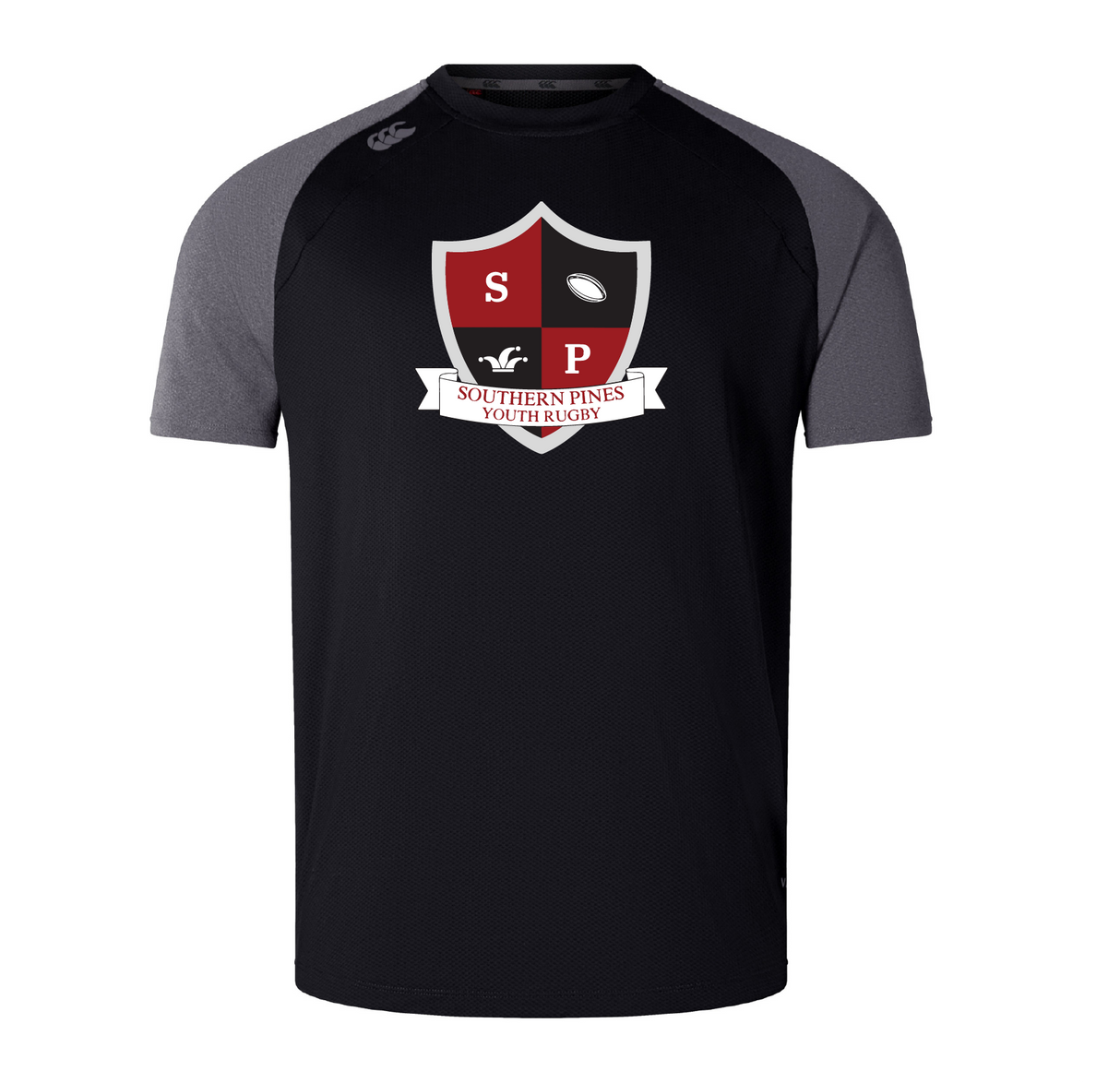 The Southern Pines Youth Rugby Elite Training Tee by WRS Canterbury is a black and gray jersey featuring a red and white "SP" shield logo with a rugby ball. It embodies Southern Pines Youth Rugby's spirit and offers the comfort of lightweight, durable Vapodri fabrics akin to those in Canterbury's Elite Training Tees.
