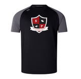 The Southern Pines Youth Rugby Elite Training Tee by WRS Canterbury is a black and gray jersey featuring a red and white "SP" shield logo with a rugby ball. It embodies Southern Pines Youth Rugby's spirit and offers the comfort of lightweight, durable Vapodri fabrics akin to those in Canterbury's Elite Training Tees.
