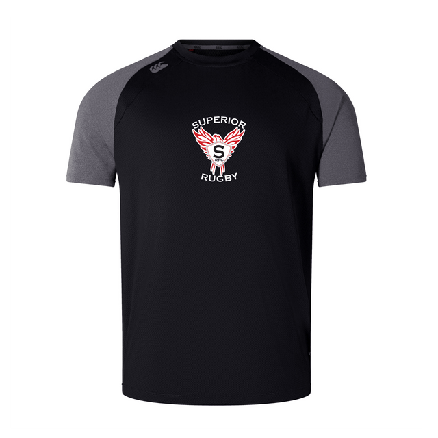 The Superior Rugby Club Elite Training Tee by WRS Canterbury is a black short-sleeve Vapodri shirt with dark grey sleeves and a winged "S" logo on the chest—lightweight, durable, and perfect for training.