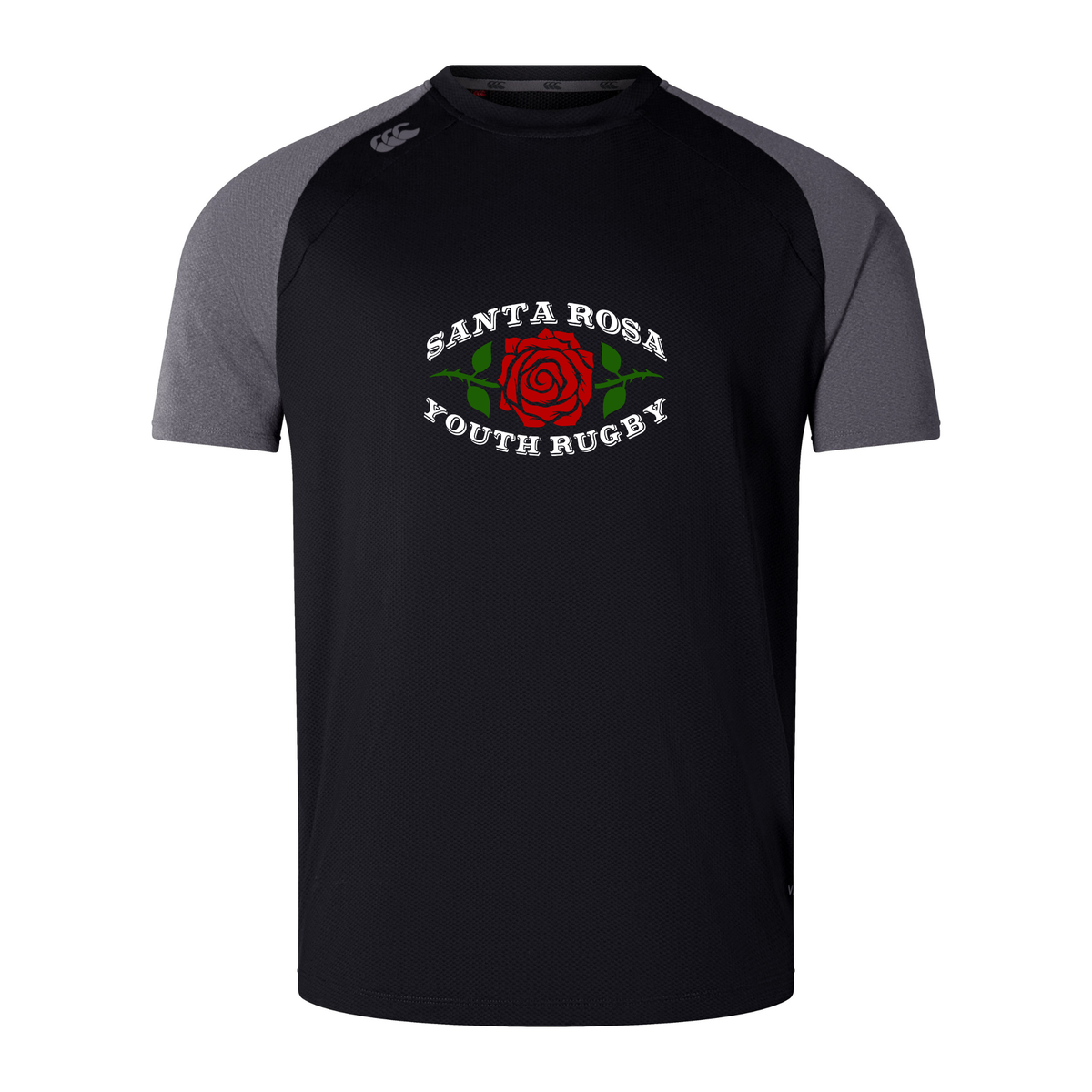 Introducing the Santa Rosa Youth Rugby Elite Training Tee by WRS Canterbury: a black and dark gray short-sleeve rugby shirt featuring “Santa Rosa Youth Rugby” and a red rose emblem on the chest. Crafted from Vapodri fabrics, this lightweight and durable tee keeps you cool and comfortable—just like the renowned Canterbury Elite Training Tee.