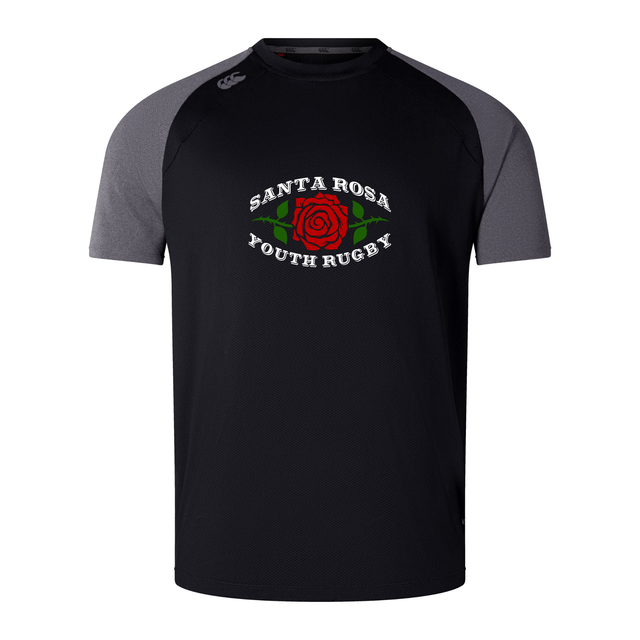 Introducing the Santa Rosa Youth Rugby Elite Training Tee by WRS Canterbury: a black and dark gray short-sleeve rugby shirt featuring “Santa Rosa Youth Rugby” and a red rose emblem on the chest. Crafted from Vapodri fabrics, this lightweight and durable tee keeps you cool and comfortable—just like the renowned Canterbury Elite Training Tee.
