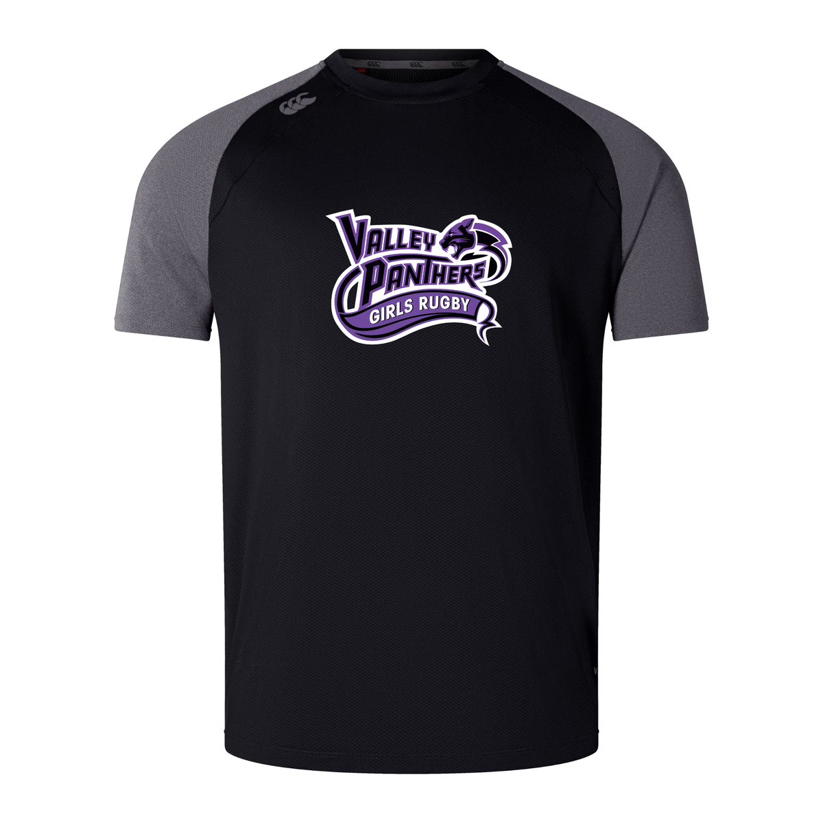 WRS Canterbury Valley Panthers Girls Rugby Elite Training Tee features a black short-sleeve design with dark gray sleeves and a “Valley Panthers Girls Rugby” logo in purple and white on the front. Crafted from lightweight, durable Vapodri fabrics, this athletic tee is perfect for intense training sessions or casual wear.