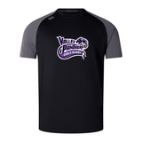 WRS Canterbury Valley Panthers Girls Rugby Elite Training Tee features a black short-sleeve design with dark gray sleeves and a “Valley Panthers Girls Rugby” logo in purple and white on the front. Crafted from lightweight, durable Vapodri fabrics, this athletic tee is perfect for intense training sessions or casual wear.