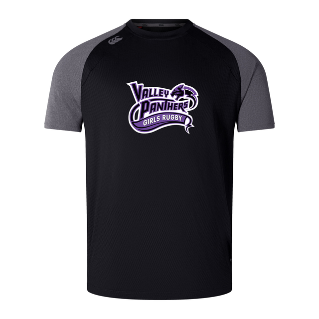 WRS Canterbury Valley Panthers Girls Rugby Elite Training Tee features a black short-sleeve design with dark gray sleeves and a “Valley Panthers Girls Rugby” logo in purple and white on the front. Crafted from lightweight, durable Vapodri fabrics, this athletic tee is perfect for intense training sessions or casual wear.