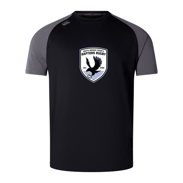 The South Orange County Raptors Elite Training Tee by WRS Canterbury features a black and gray short-sleeve design with a bold “Raptors Rugby” crest—showcasing an eagle and rugby ball—prominently displayed on the front. Crafted from durable Vapodri fabrics, this lightweight tee delivers elite comfort from the field to everyday wear.