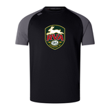WRS Canterbury’s RVA T.R.C. Elite Training Tee is a short-sleeve black athletic shirt with gray sleeves, showcasing a badge logo of a white rabbit, “RVA,” and “Richmond, VA” on the chest. Crafted from lightweight, durable Vapodri fabric for superior comfort and performance during any workout, this top is engineered as an Elite Training Tee.