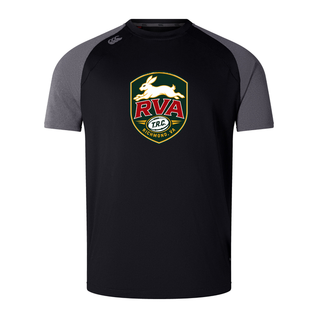 WRS Canterbury’s RVA T.R.C. Elite Training Tee is a short-sleeve black athletic shirt with gray sleeves, showcasing a badge logo of a white rabbit, “RVA,” and “Richmond, VA” on the chest. Crafted from lightweight, durable Vapodri fabric for superior comfort and performance during any workout, this top is engineered as an Elite Training Tee.