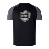 Lightweight, durable ICRON Elite Training Tee by Canterbury featuring a black body, gray sleeves, and an ICRON logo on the chest.