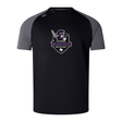 The Cypress Warriors Men's Rugby Elite Training Tee by WRS Canterbury is a black short-sleeve Vapodri tee with gray shoulders, featuring a front warrior graphic and "Cypress Warriors Men's Rugby" logo.