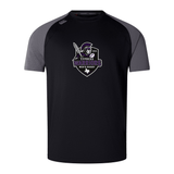 The Cypress Warriors Men's Rugby Elite Training Tee by WRS Canterbury is a black short-sleeve Vapodri tee with gray shoulders, featuring a front warrior graphic and "Cypress Warriors Men's Rugby" logo.