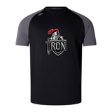 The Birmingham Iron Women's Football Elite Training Tee by WRS Canterbury features a black and grey design, a team logo with knight's helmet, sword, and red accents on front, and is made from lightweight Vapodri fabric for top performance.