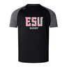 The East Stroudsburg University Elite Training Tee by WRS Canterbury is a black and gray tee with "ESU RUGBY" in white and red on the front. Made with Vapodri fabric, it’s lightweight, durable, and keeps you cool during workouts.