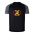 The Potomac Exiles Rugby Club Elite Training Tee by Canterbury, from WRS Canterbury, is a black and gray short-sleeve athletic shirt featuring a front-center graphic with state flags, a maroon laurel wreath, the letter "K," and "2014." Crafted as a lightweight, durable tee with Vapodri fabric technology, this shirt keeps you cool and comfortable during any workout.