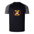 The Potomac Exiles Rugby Club Elite Training Tee by Canterbury, from WRS Canterbury, is a black and gray short-sleeve athletic shirt featuring a front-center graphic with state flags, a maroon laurel wreath, the letter "K," and "2014." Crafted as a lightweight, durable tee with Vapodri fabric technology, this shirt keeps you cool and comfortable during any workout.