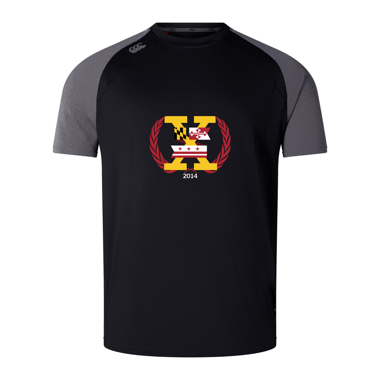 The Potomac Exiles Rugby Club Elite Training Tee by Canterbury, from WRS Canterbury, is a black and gray short-sleeve athletic shirt featuring a front-center graphic with state flags, a maroon laurel wreath, the letter "K," and "2014." Crafted as a lightweight, durable tee with Vapodri fabric technology, this shirt keeps you cool and comfortable during any workout.
