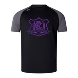 Western Carolina University Elite Training Tee by Canterbury in black with grey raglan sleeves and a purple Western Carolina Rugby shield logo on the chest.