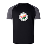 Introducing the Society of Iowa Rugby Referees Elite Training Tee by Canterbury—a black and gray short-sleeve athletic shirt from WRS Canterbury. Designed for peak performance, this Canterbury Elite Training Tee features a circular chest logo with pink flowers and green leaves. Crafted from lightweight and durable Vapodri fabrics, it keeps you cool and comfortable throughout every workout.