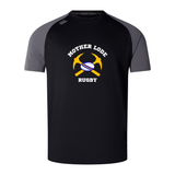 Mother Lode Elite Training Tee by Canterbury in black with grey raglan sleeves, featuring a graphic of crossed pickaxes, a rugby ball, and the text “MOTHER LODE RUGBY.”