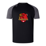 WRS Canterbury Godzilla Rugby Football Club Elite Training Tee—this black, short-sleeve lightweight training shirt features dark gray sleeves, a bold red dragon logo, and “Godzilla Rugby Football Club” text on the chest. Made from Vapodri fabric by Canterbury for advanced comfort and performance.