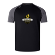 The Chicago Riot Elite Training Tee by Canterbury, from WRS Canterbury, features black and gray colors, a club logo with a yellow fist holding a rugby ball on the chest, and lightweight Vapodri fabric for cool, durable comfort.