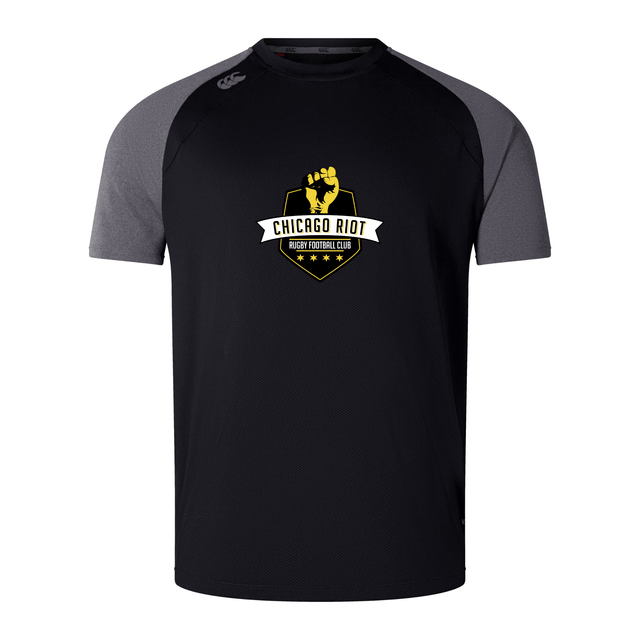 The Chicago Riot Elite Training Tee by Canterbury, from WRS Canterbury, features black and gray colors, a club logo with a yellow fist holding a rugby ball on the chest, and lightweight Vapodri fabric for cool, durable comfort.