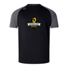 The Chicago Riot Elite Training Tee by Canterbury, from WRS Canterbury, features black and gray colors, a club logo with a yellow fist holding a rugby ball on the chest, and lightweight Vapodri fabric for cool, durable comfort.