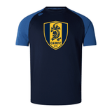 The Gotham Knights Elite Training Tee by Canterbury, from WRS Canterbury, is a navy blue sports jersey with blue sleeves crafted from Vapodri fabrics for optimal performance. It features a prominent yellow and blue shield logo with a dragon and the text "GKRFC NYC" on the front, making it an ideal choice for durable sportswear.