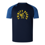 This lightweight and durable navy and blue rugby shirt showcases "Trinity Rugby" alongside a bold yellow rooster emblem on the front. Crafted by WRS Canterbury using Vapodri fabrics for top-tier performance, it matches the quality of the Trinity College Elite Training Tee.