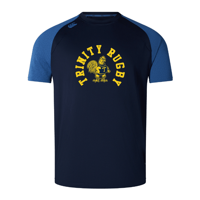 This lightweight and durable navy and blue rugby shirt showcases "Trinity Rugby" alongside a bold yellow rooster emblem on the front. Crafted by WRS Canterbury using Vapodri fabrics for top-tier performance, it matches the quality of the Trinity College Elite Training Tee.