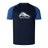 Navy blue University of New Hampshire Elite Training Tee by Canterbury with blue raglan sleeves, featuring a wildcat logo and the words “MEN’S RUGBY” on the chest.
