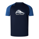 Navy blue University of New Hampshire Elite Training Tee by Canterbury with blue raglan sleeves, featuring a wildcat logo and the words “MEN’S RUGBY” on the chest.