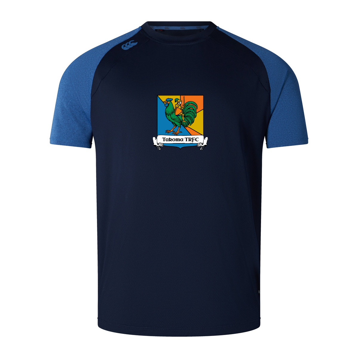 Takoma Touch Rugby Elite Training Tee by Canterbury with a navy body, blue raglan sleeves, and a green rooster on a shield logo that reads “Takoma TRFC.”
