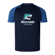 The NC Rugby Academy - Megalodons Elite Training Tee by WRS Canterbury is a navy blue Vapodri jersey with blue sleeves, featuring a stylized shark logo and "Megalodons NC Rugby Academy" on the front.