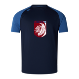 The Montgomery Bucks Griffins Elite Training Tee by WRS Canterbury is a navy short-sleeve sports shirt with light blue sleeves, crafted from lightweight Vapodri fabric, and features a red and white “MBRFC” lion logo on the chest.