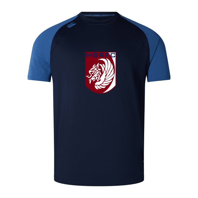 The Montgomery Bucks Griffins Elite Training Tee by WRS Canterbury is a navy short-sleeve sports shirt with light blue sleeves, crafted from lightweight Vapodri fabric, and features a red and white “MBRFC” lion logo on the chest.