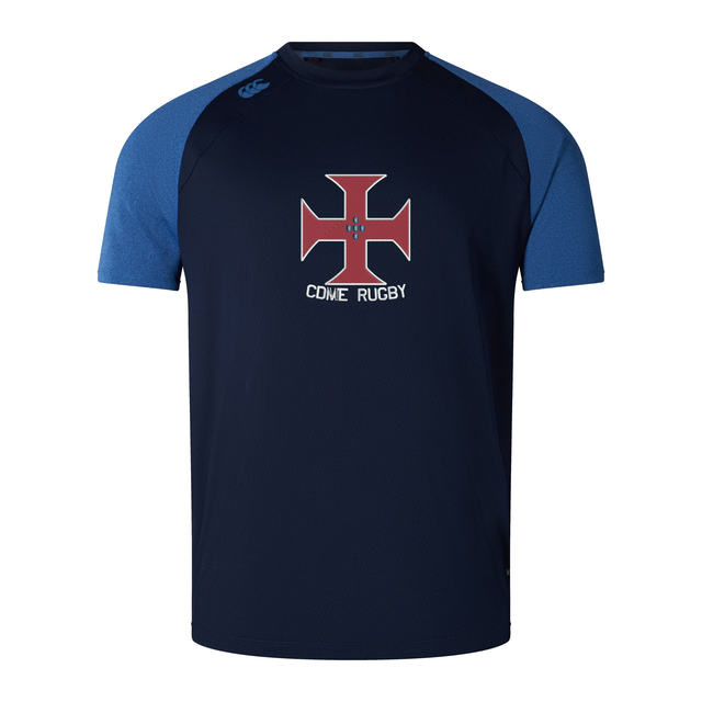 Introducing the SF CDME Rugby Elite Training Tee by WRS Canterbury—a navy blue short-sleeve rugby shirt featuring contrasting blue sleeves, a bold red cross emblem on the chest, and "CDME RUGBY" text beneath the emblem. Styled after the Canterbury Elite Training Tee, this lightweight and durable top is made with advanced Vapodri fabric technology to keep you cool and comfortable both on and off the field.