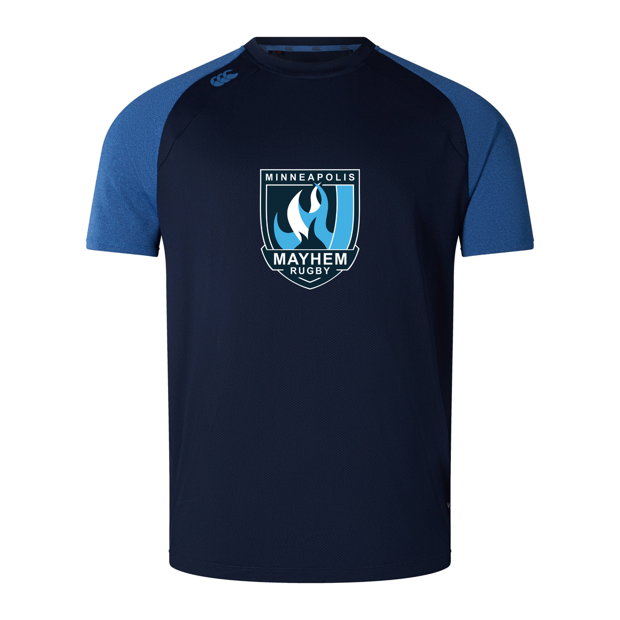 Introducing the Minneapolis Mayhem Rugby Elite Training Tee by WRS Canterbury—a custom navy blue rugby shirt inspired by the Canterbury Elite Training Tee. Crafted from premium Vapodri fabrics for exceptional comfort and breathability, this tee features contrasting blue sleeves and a front center “Minneapolis Mayhem Rugby” logo with a stylized flame, blending top-tier performance with striking style for dedicated players.