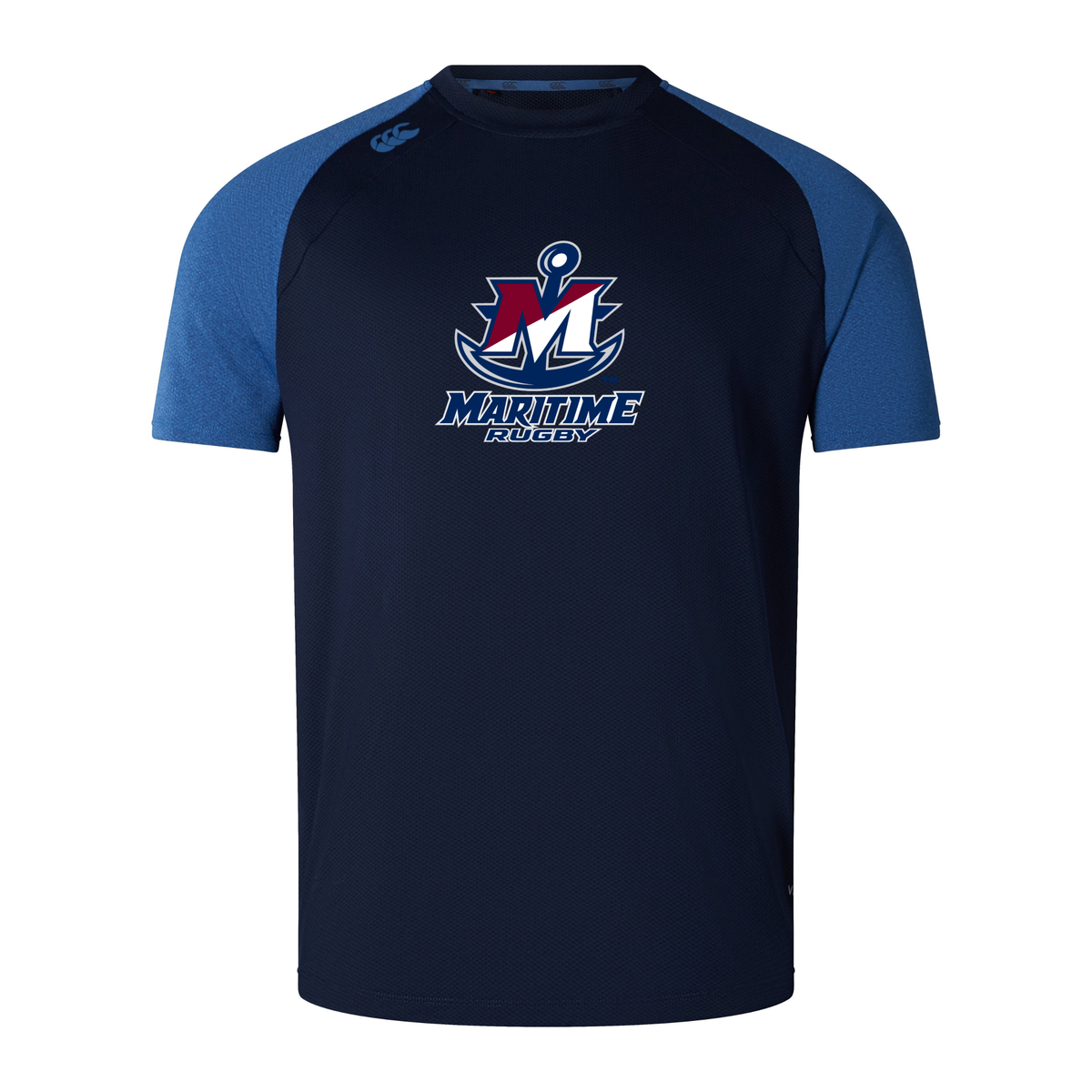SUNY Maritime Men’s Rugby Elite Training Tee by Canterbury in navy blue with blue raglan sleeves and a “Maritime Rugby” anchor logo on the chest.