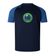 Navy blue Media Unified Rugby Elite Training Tee by Canterbury with blue raglan sleeves and a circular “Media Unified Rugby” logo featuring a howling wolf on the chest.