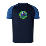 Navy blue Media Unified Rugby Elite Training Tee by Canterbury with blue raglan sleeves and a circular “Media Unified Rugby” logo featuring a howling wolf on the chest.