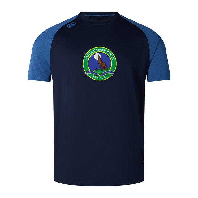 Navy blue Media Unified Rugby Elite Training Tee by Canterbury with blue raglan sleeves and a circular “Media Unified Rugby” logo featuring a howling wolf on the chest.