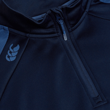 Close-up of a Canterbury Elite 1/4 Zip Top sports jacket with a zipper and drawstrings, designed for training and featuring a light blue logo on the sleeve.