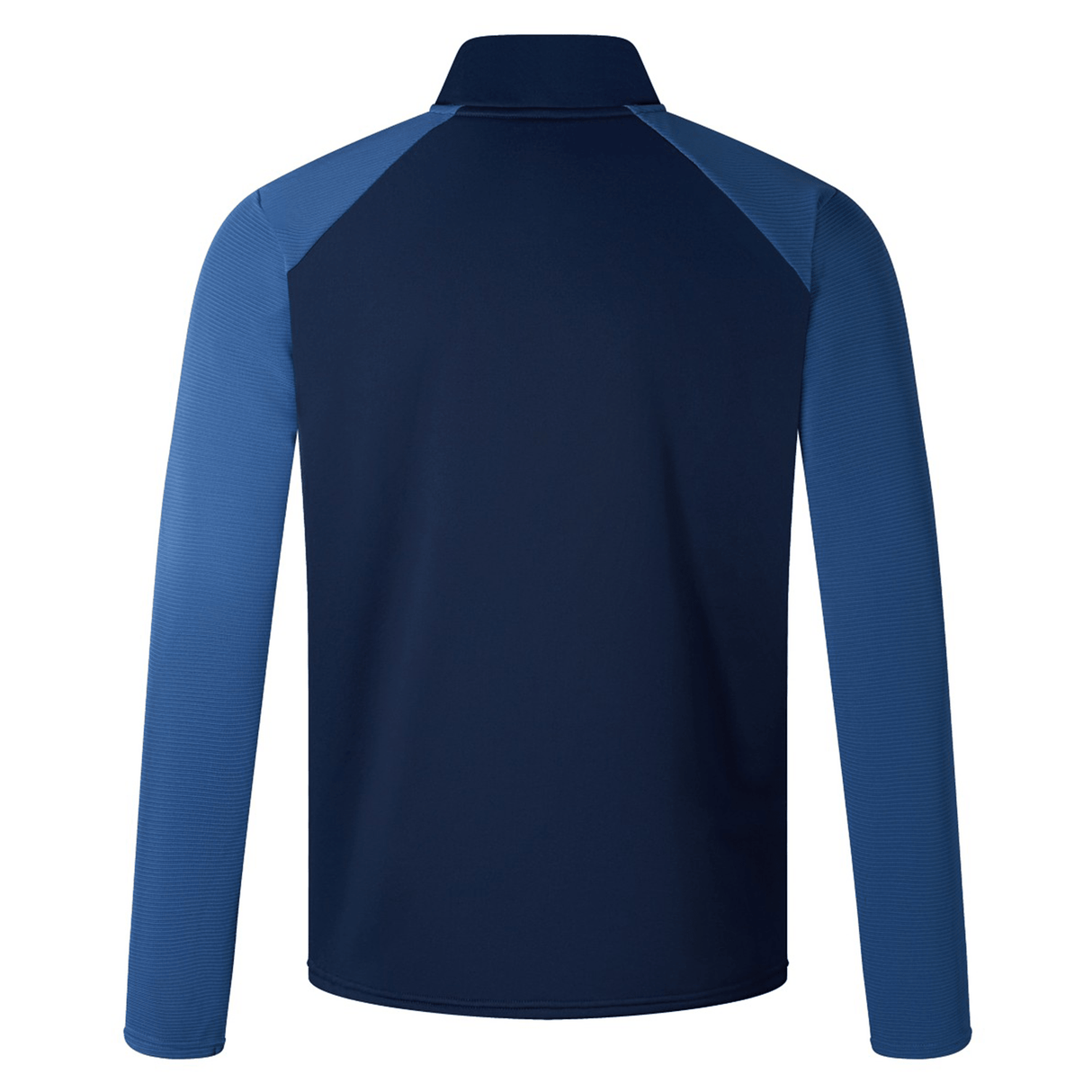 Back view of a navy blue long-sleeved Canterbury Elite 1/4 Zip Top jacket with light blue side panels.