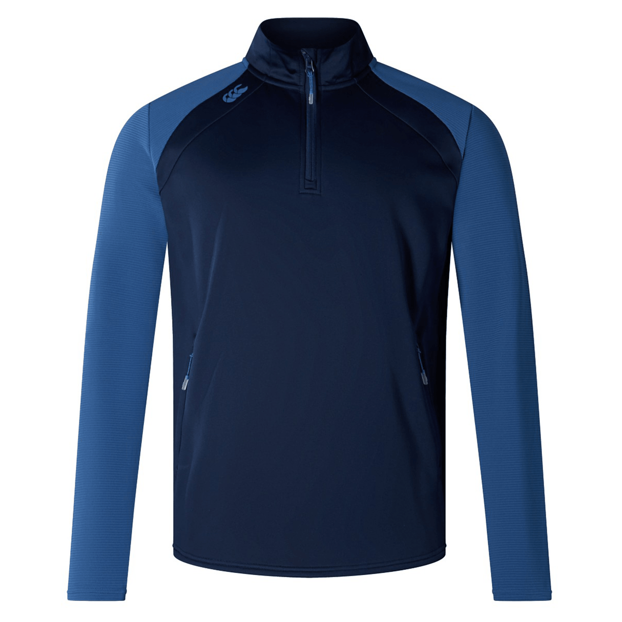 Blue Canterbury Elite 1/4 Zip Top athletic pullover jacket featuring contrasting light and dark blue panels with a logo on the chest.