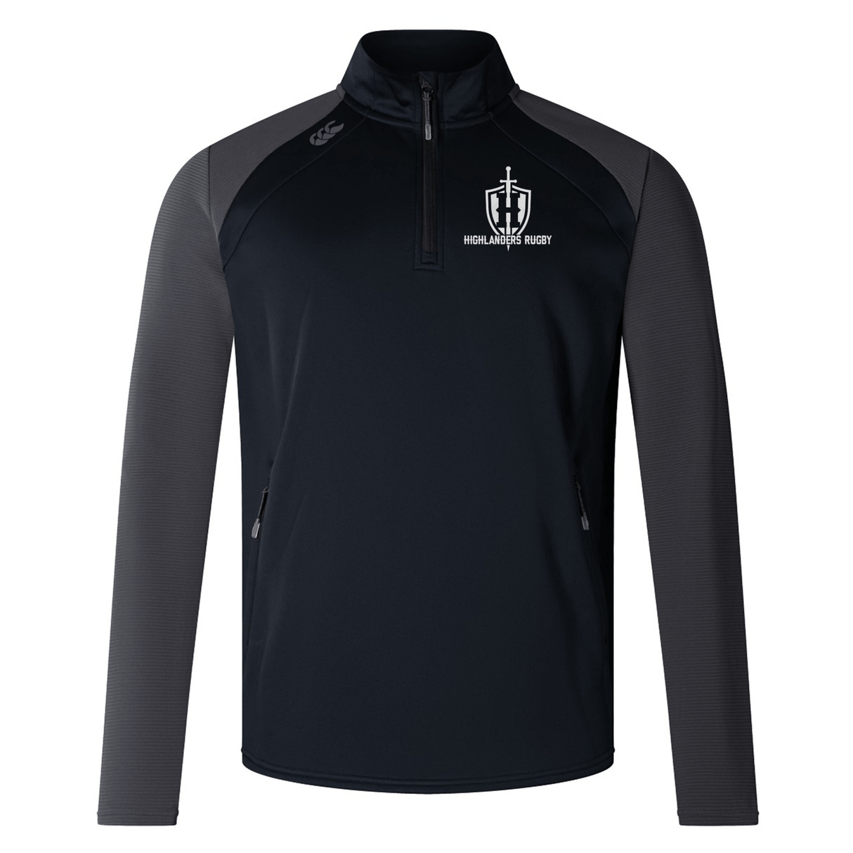 The Highlanders Rugby NC Elite 1/4 Zip Top by EMB Canterbury is a black and gray long-sleeve training pullover featuring a "Highlander Rugby" logo on the left chest, crafted from lower impact materials.